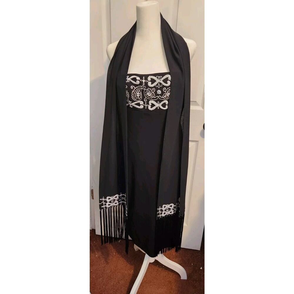 Vtg Cache 90s Y2K Silk Floral Beaded Midi Matching Scarf Black Slip Dress Sz 12